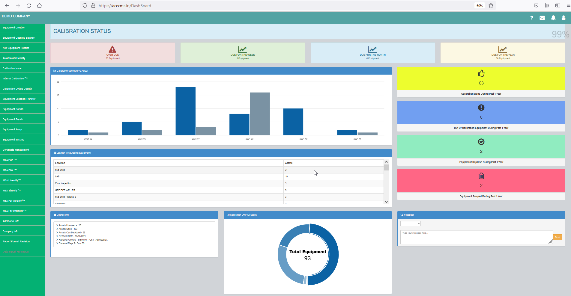 screenshot of ACE Calibration Management System